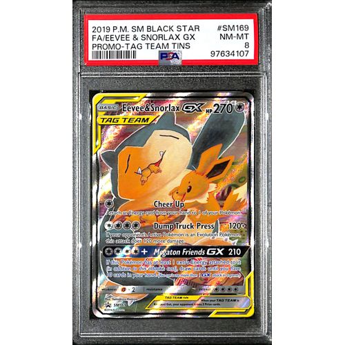 PSA8 - 2019 Pokemon - Black Star FA/Eevee & Snorlax Gx SM169 - Promo T PSA8 - 2019 Pokemon - Black Star FA/Eevee & Snorlax Gx SM169 - Promo T
