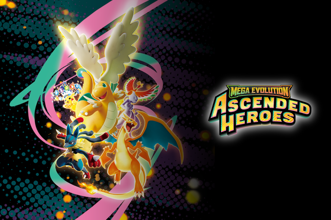 Official Pokémon TCG Ascended Heroes banner with Mega Evolution Pokémon