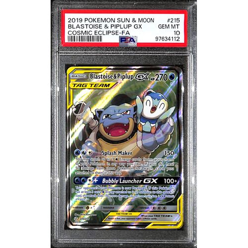 PSA10 - 2019 Pokemon - Blastoise & Piplup Gx 215/236 - Cosmic Eclipse - TCGroupAU