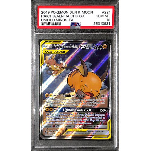 PSA10 - 2019 Pokemon - Raichu/Aln.Raichu Gx 221/236 - Unified Minds - TCGroupAU