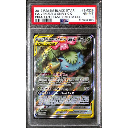 PSA8 - 2019 Pokemon - Black Star FA/Venusr & Snivy Gx SM229 - Tag Team Gen.Prm.Col - TCGroupAU