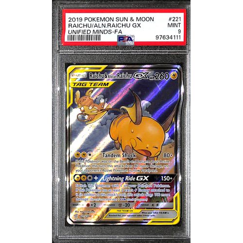 PSA9 - 2019 Pokemon - Raichu/Aln.Raichu Gx 221/236 - Unified Minds - TCGroupAU